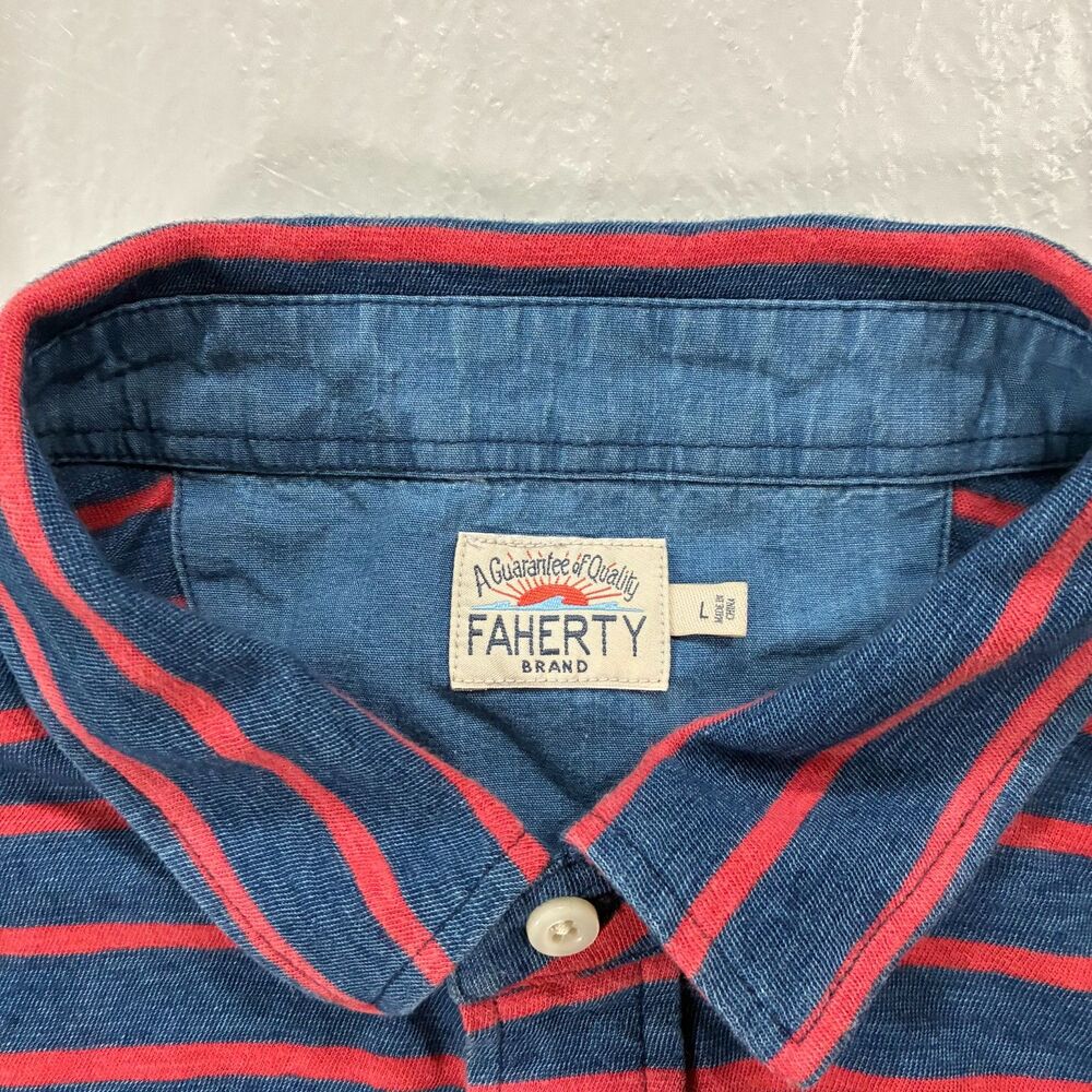 Faherty Breton Polo Shirt Mens Size L Light Blue w/ Pink Stripes Short Sleeve - Picture 2 of 8